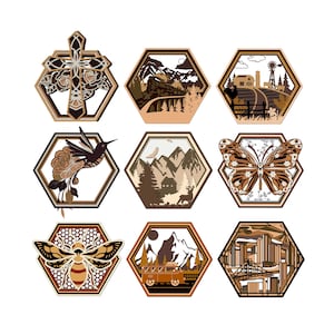 9 wzorów Hexagon Shadow Box pakiet SVG, 5-warstwowe pliki artystyczne gotowe do pracy laserowej, drewniane pliki wycinane laserowo, EPS, DXF, PDF, SVG, AI