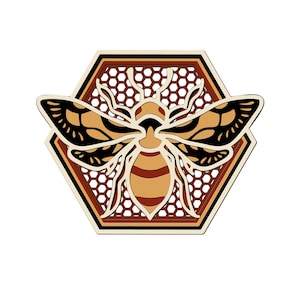 May include: A stylised illustration of a bee with brown and yellow stripes, set against a honeycomb background. The bee is in a hexagonal frame with a cream-coloured border.