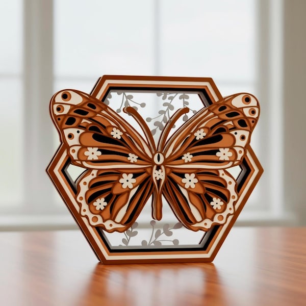 Butterfly Hexagon shadow box SVG, 5 layer art piece wooden butterfly laser cut files, multi layer svg, cricut, glowforge eps dxf pdf svg ai