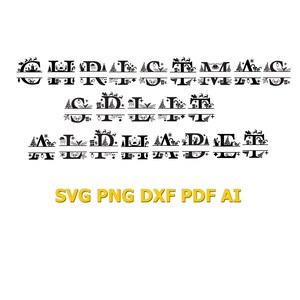 Puede incluir: Diseño navideño en blanco y negro con la palabra "CHRISTMAS" dividida en secciones, cada una decorada con elementos festivos como árboles, regalos y renos. Las palabras "SVG PNG DXF PDF AI" se muestran en amarillo.