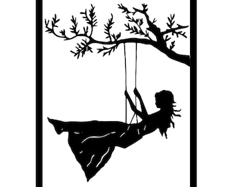 Chica en un swing svg, panel de pared, archivo cortado con láser, chica svg, swing svg, corte láser, vector, Glowforge, svg, cdr, dxf