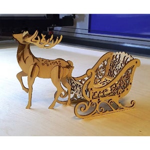 Slitta con cervo, Natale, Capodanno, file tagliato al laser, Puzzle 3D, vettoriale, vettore tagliato al laser, Glowforge, SVG, cdr, DXF