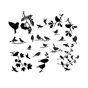 May include: Silhouettes of birds perched on branches, some in flight, against a white background. The birds are black and the branches are brown.