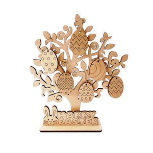 May include: Wooden Easter tree decoration with a bunny and the words "Happy Easter" on the base. The tree has six branches with hanging egg-shaped ornaments.