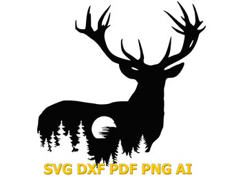 Cerf SVG, Panneaux, sur le mur, cerf, forêt, lune, fichier lasercut, Puzzle 3D, vecteur, vecteur découpé au laser, glowforge, svg, png, dxf, ai, pdf