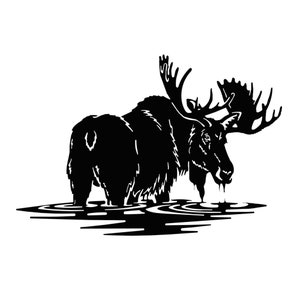 May include: A black silhouette of a moose with large antlers standing in a body of water. The moose is facing to the right and its head is tilted down as if it is drinking from the water.