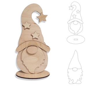 May include: Wooden gnome figure with a pointed hat adorned with star cutouts. The gnome has a round face, a long beard, and a circular base. The image also includes line drawings of the gnome.