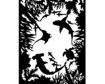 May include: Silhouette of a hammerhead shark, a manta ray, a sea turtle, and several fish swimming in a coral reef. The image is in black and white.