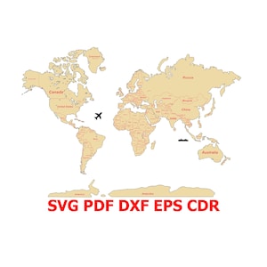 Weltkarte mit Ländern und Hauptstädten SVG, dxf, pdf, eps, detaillierte Weltkarte, Wandtafel, Cricut, Glowforge
