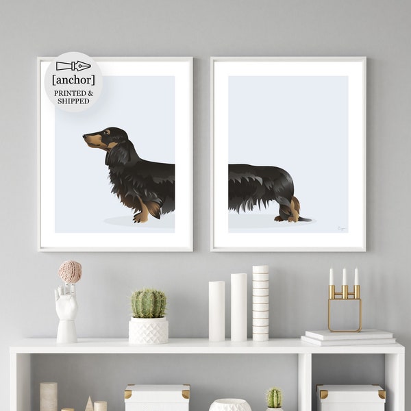 Black Long Haired Dachshund Dog - Set of 2 Prints, Wiener Sausage Dog, Giclee Print