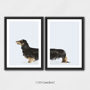 Cane bassotto a pelo lungo nero e crema - Set di 2 stampe digitali, cane bassotto Wiener, download digitale