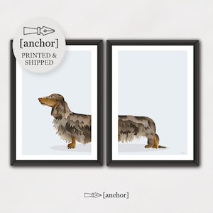 Perro salchicha de pelo largo color chocolate - Juego de 2 impresiones, perro salchicha wiener, impresión giclée