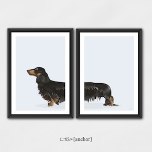 Cane bassotto a pelo lungo nero - Set di 2 stampe digitali, cane bassotto Wiener, download digitale