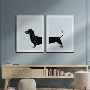 Perro salchicha negro - Juego de 2 impresiones digitales, perro salchicha wiener, descarga digital