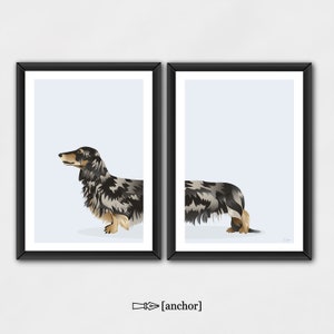 Cane bassotto argentato a pelo lungo - Set di 2 stampe digitali, cane bassotto Wiener, download digitale