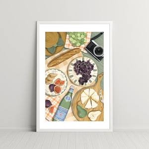 Picknick in Italien Digitaler Download, Küchenkunst, minimalistische Wandkunst, Käseplatte, Obstplatte