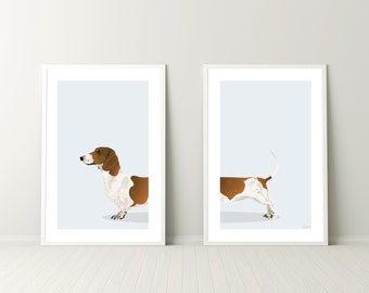 Red/Brown & White Piebald Dachshund Dog - Set of 2 Digital Prints, Wiener Sausage Dog, Digital Download