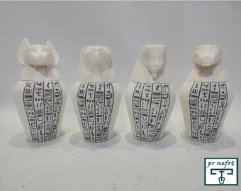 Unique Alabaster Canopic Jar Set  - Rare Egyptian Canopic Jars - Charming Egyptian Alabaster Art - Handmade in Egypt