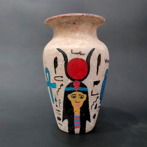 Hand-Painted Hathor Alabaster Vase - Egyptian Candle Holder