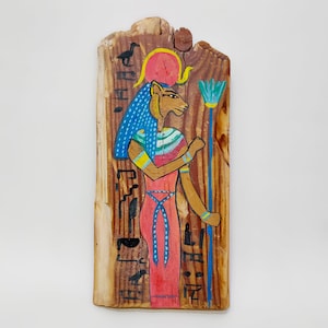 Rare wooden panel of Skhmet. skhmet. Part of a wooden coffin. Replica. Masterfully made in Egypt. Rare. Antique