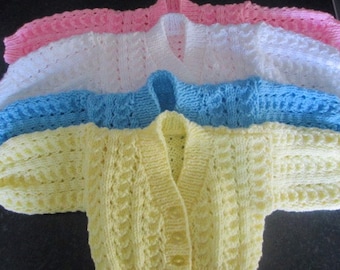 Hand knitted patterned baby cardigan, preemie, newborn, 0-3 months, 3-6 months