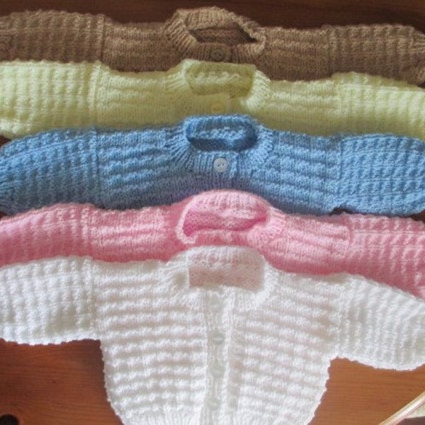 Hand knitted round neck patterned baby cardigan, girl, boy, newborn, 0-3 months, 3-6 months