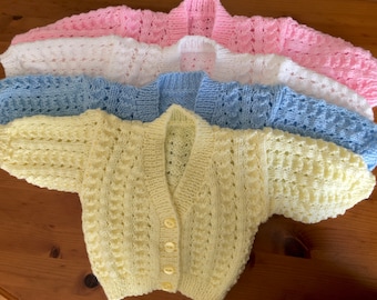 Hand knitted patterned baby cardigan, preemie, newborn, 0-3 months, 3-6 months