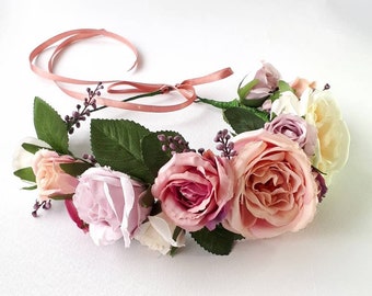 Dusty rose flower crown Purple pink floral headpiece