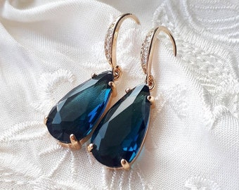 Navy blue bridal earrings Sapphire drop earrings gold