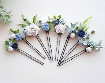 Dusty blue flower hair piece Navy blue bridal hair pins