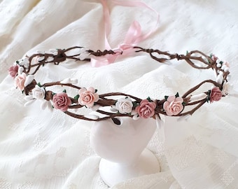 Mauve flower crown Dusty rose wedding head piece Bridal floral crown