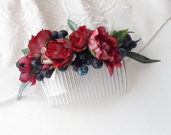 Marsala wedding flower hair comb Fall bridal hair piece Burgundy flower hair pins