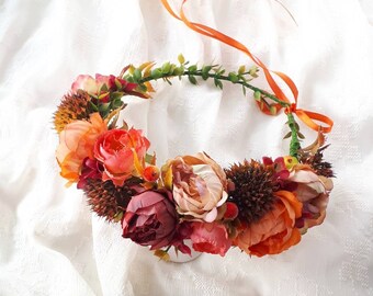 Burnt orange flower crown Rust orange wedding headpiece Burgundy floral crown