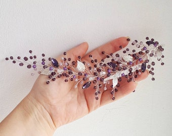 Purple hair piece for bride Silver leaf bridal hair vine Lavender wedding hair accessories