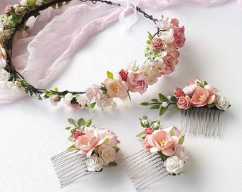 Couronne de fleur de mariée rose Mariage cheveux floraux peigne de fleurs morceau de cheveux de fleur