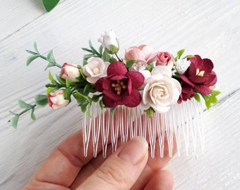 Burgundy floral hair comb Blush pink bridal hair piece