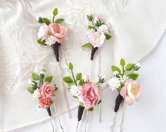 Pink blush flower hair pins Floral wedding hair piece for bride