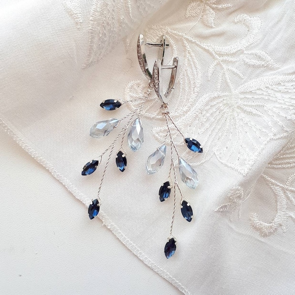 Navy blue bridal earrings Blue crystal vine earrings