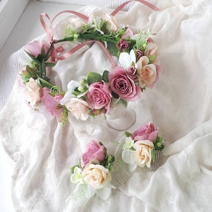 Dusty rose wedding hair accessories Mauve wedding flower crown Ivory flower hair piece