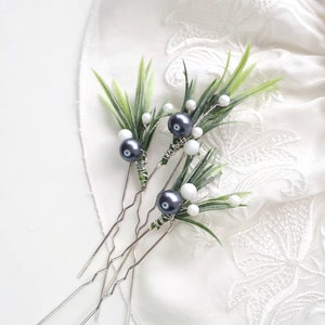 Greenery hair piece for wedding Gray pearl hair pins