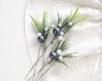 Greenery hair piece for wedding Gray pearl hair pins