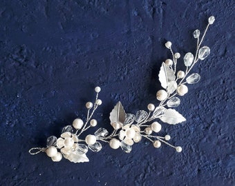 Silver leaf hair vine Pearl flower hair piece