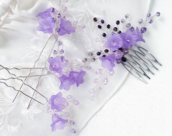 Purple bridal hair piece Lavender hair pins Lavender floral hair comb