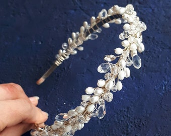 Delicado tocado de perlas Banda de cristal nupcial Tiara de perla