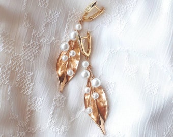 Long gold leaf earrings dangle Pearl wedding vine earrings