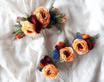 Rust orange flower hair comb Burgundy wedding hair piece for bride Rust orange flower hair pins