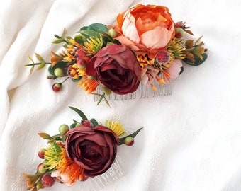 Burgundy orange hair flowers Boho floral hair comb Fall wedding hair piece