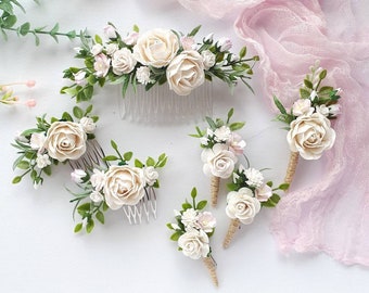 White floral hair piece Bridesmaid flower comb Flower boutonniere