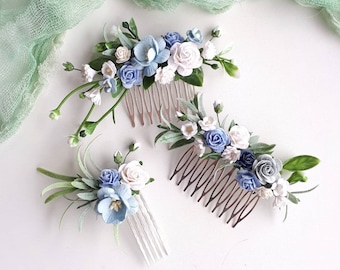 Peigne à fleurs de mariage bleu poussiéreux Pièce de cheveux de fleur bleue