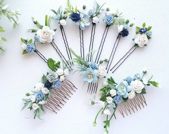 Dusty blue bridal hair piece White and blue floral hair pins Blue wedding hair comb